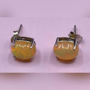 KHR 925 Sterling Silver Opal Stud Earrings Cabochon Prong Set Iridescent Rainbow